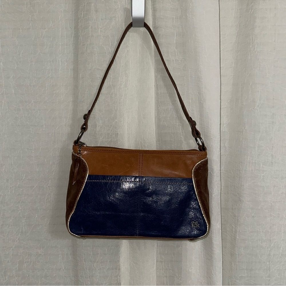The Sak Blue Brown Gold Trim Genuine Leather Hobo Purse - Picture 1 of 16